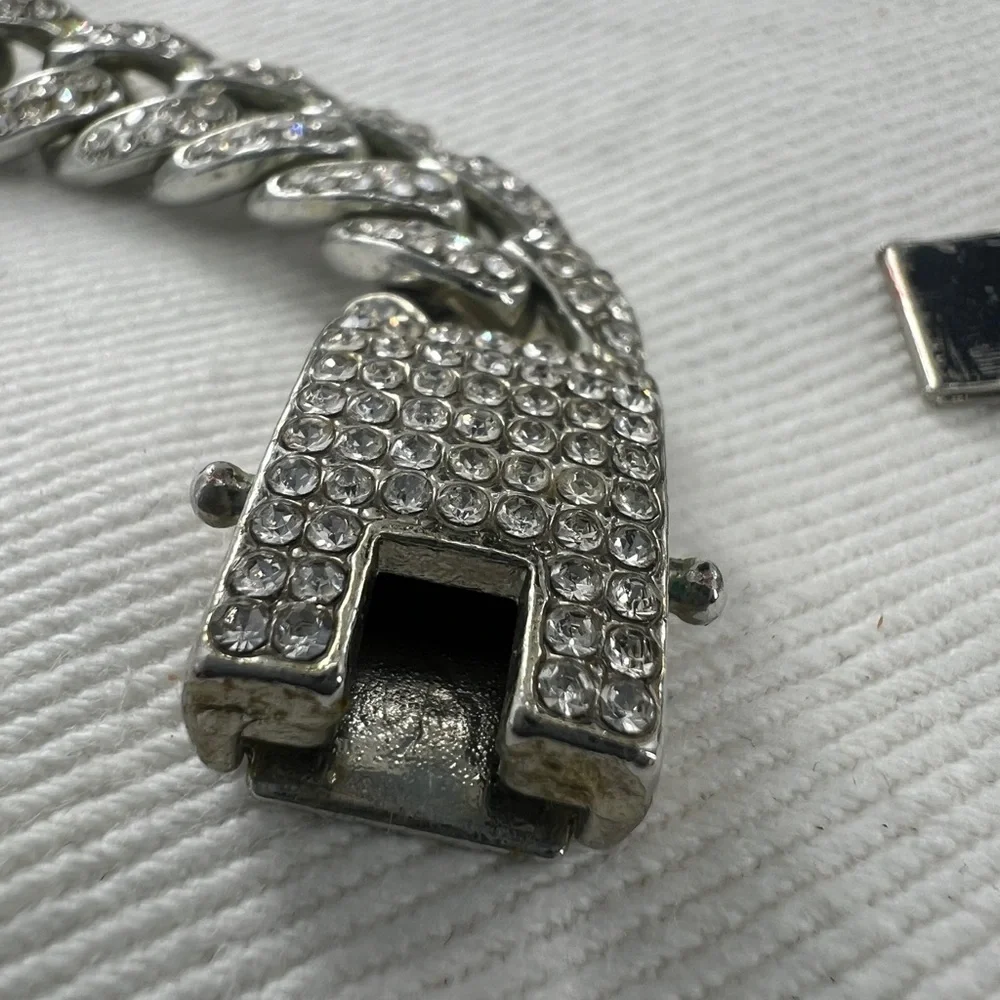 Miami Cuban Link Silver tone with rhinestones Necklace.